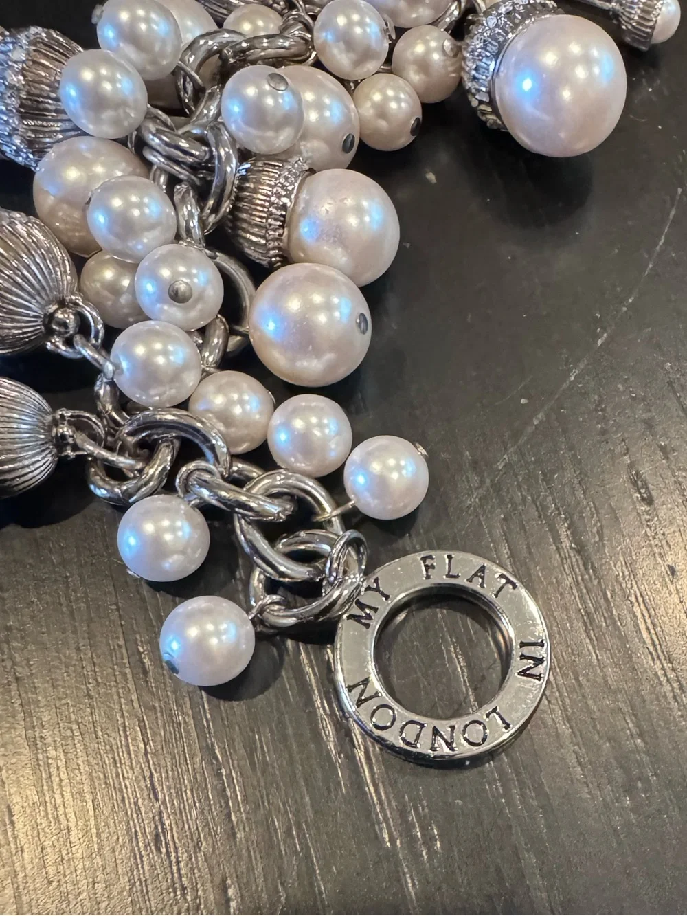 Rare Brighton “My Flat in London” SilverTone Chunky Pearl Charm Bracelet Retired
